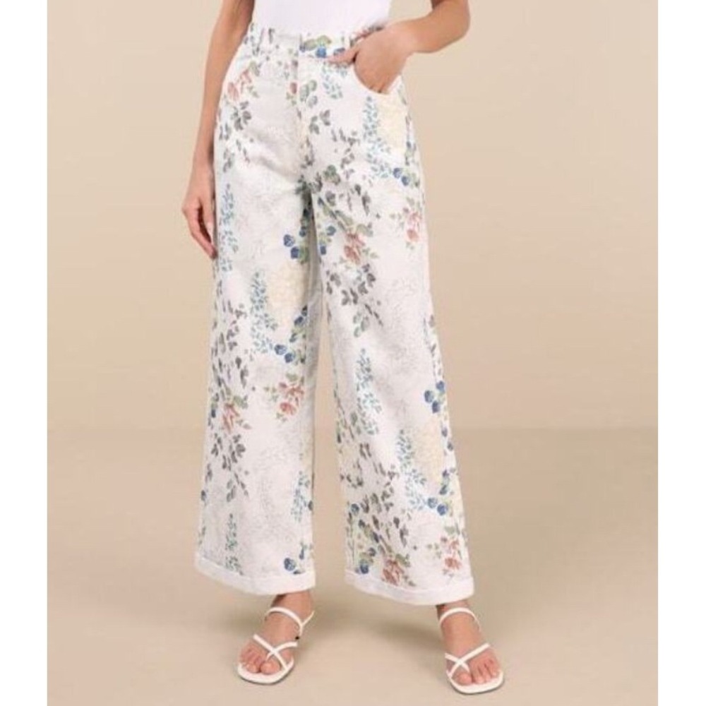 Lulus NWT Garden Cutie Ivory Floral Cotton Twill High‎ Rise Wide Leg Pants XS